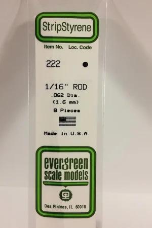 [ EG222 ] Evergreen styrene rond vol 1.6 x 350 mm ( 8st.) Superprijs