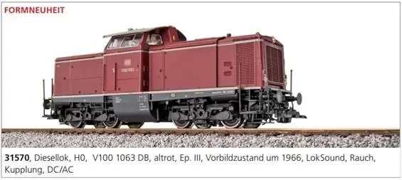 Dagaanbieding Esu 31570 - Diesellok, H0, V100.10, V100 1063 DB, altrot, Ep III, Vorbildzustand um 1966, LokSound, Rauch, Kupplung DC/AC