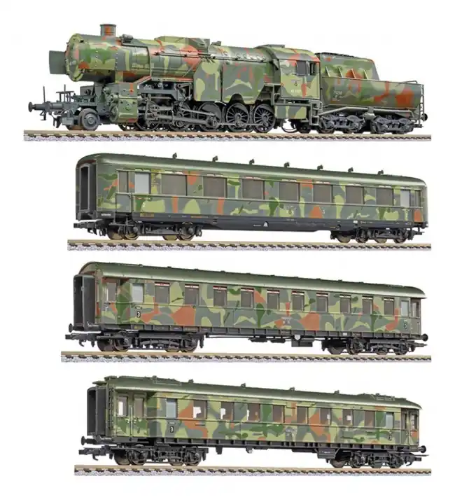 Liliput L130002 - 4-tlg.Set, "Truppen-Transport", BR 42 + 3 Personenwagen,Tarnlackierung, Ep II Populair