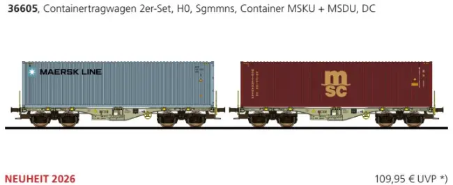 Bestel Nu Esu 36605 - Containertragwagen, H0, Sgmmns, 37 80 4505 418-6 + 37 80 4505 440-0, D-AAEC Ep. VI, Container MSKU 129707 + MSDU 771850, DC