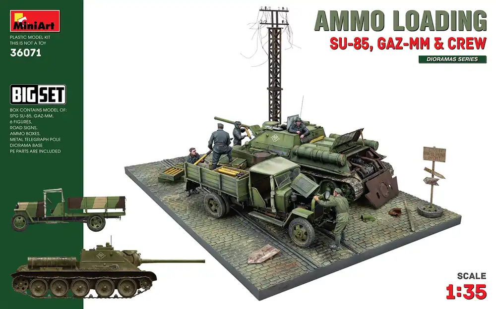 Superprijs 1 35 MiniArt 36071 Diorama Ammo Loading - SU-85 - GAZ-MM & Crew Figuren Plastic Modelbouwpakket
