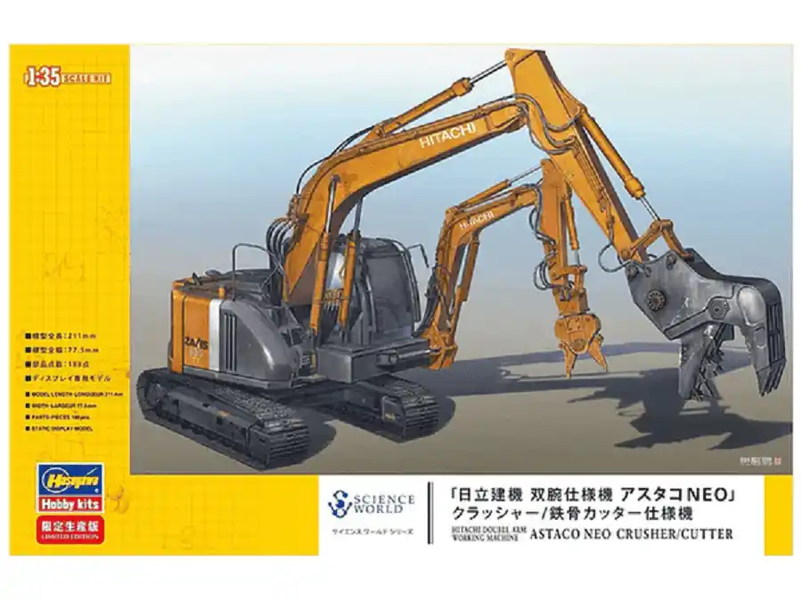 1 35 Hasegawa 52161 Hitachi Doppelarm-Bagger with Brecher/Schneider Plastic Modelbouwpakket Aanbieding