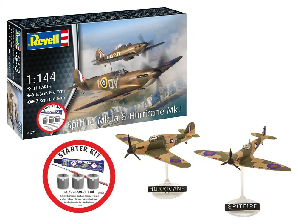 Uitverkoop 1 144 Revell 73771 Spitfire Mk.1a & Hurricane Mk.1 - WWII Britse Propellervliegtuigen - Starter Kit Plastic Modelbouwpakket