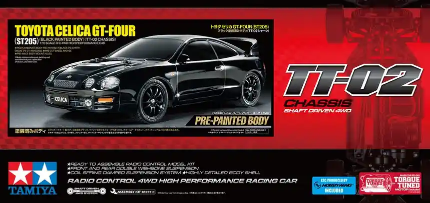 1 10 Tamiya 47510 RC Auto - Toyota Celica GT-Four - ST205 - TT-02 - Zwartgelakte Carrosserie RC Plastic Modelbouwpakket Tijdelijk Beschikbaar