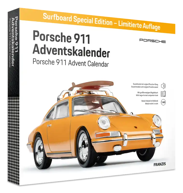 1 43 Franzis 67299 Porsche 911 met Surfplank - Sport Auto - Speciale Limited Editie! - Adventskalender Metalen Modelbouwpakket Favoriet