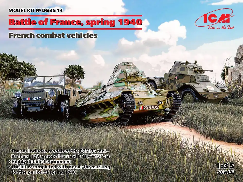 Nieuw 1 35 ICM DS3514 Battle of France, spring 1940 (Panhard 178 AMD-35, FCM 36, Laffly V15T) Plastic Modelbouwpakket