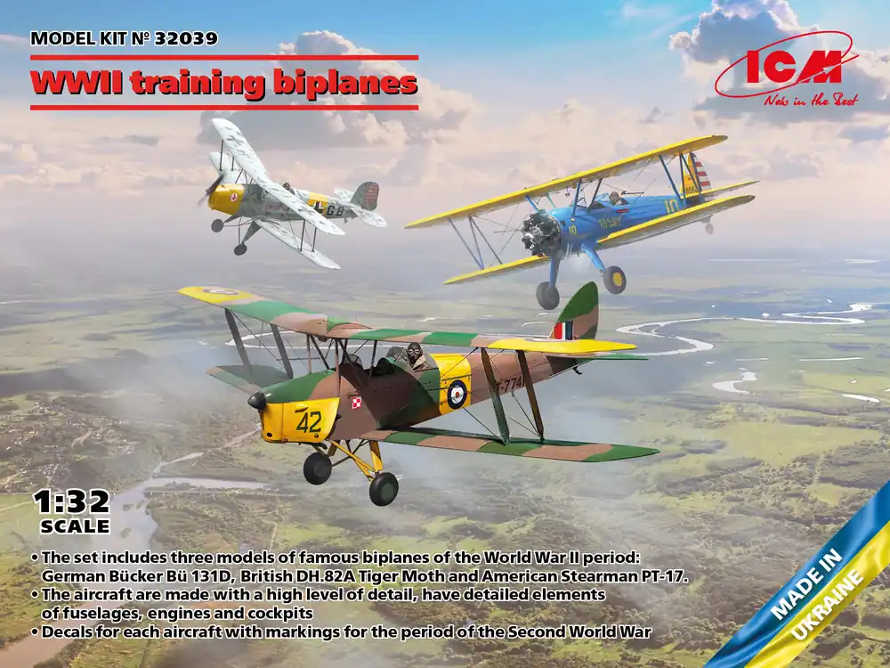 1 32 ICM 32039 WWII training biplanes - Bucker Bu 131D - DH.82A Tiger Moth - Stearman PT-17 Plastic Modelbouwpakket Bestel Nu