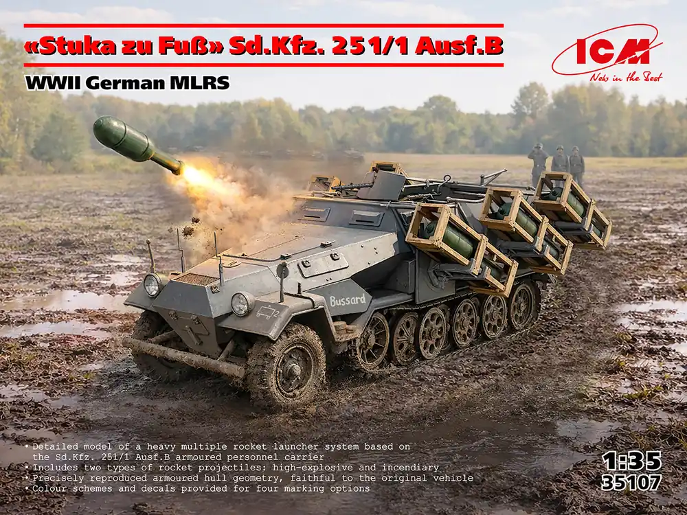 1 35 ICM 35107 Sd.Kfz. 251/1 Ausf. B Stuka zu Fuss WWII - Duits Pantservoertuig Plastic Modelbouwpakket Laatste Versie