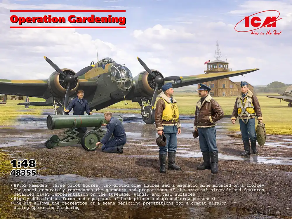 Meest Verkocht 1 48 ICM 48355 HP.52 Hampden Operation Gardening - Britse Torpedobommenwerper en 5 Figuren Plastic Modelbouwpakket