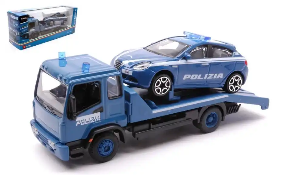 Flatbed Recovery Truck 4x2 + Alfa Romeo Giulietta ‘Italian Police‘ - 1 43 - Bburago Betrouwbaar