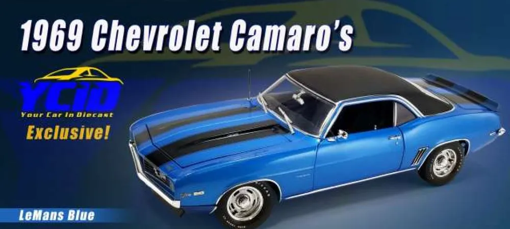 Laatste Kans CHEVROLET CAMARO Z28, LEMANS BLUE WITH BLACK STRIPES AND VINYL ROOF TOP. 1969