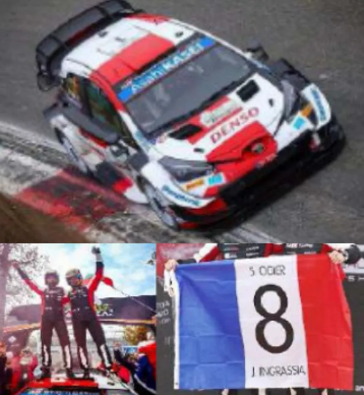 Premium TOYOTA YARIS WRC NO.1 WINNER RALLY MONZA 2021 WRC MANUFACTURER CHAMPIONS 2021 SéBASTIEN OGIER - JULIEN INGRASSIA (WITH FIGURINES AND FLAG)